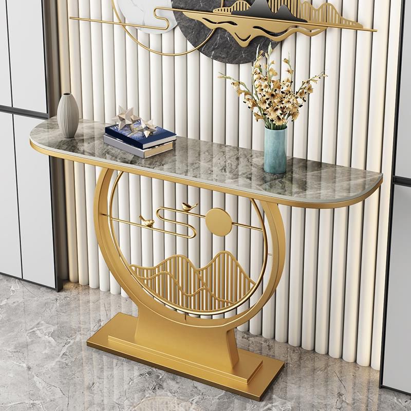Glam Stone Console Sofa Table Half Moon Iron Accent Table for Hall