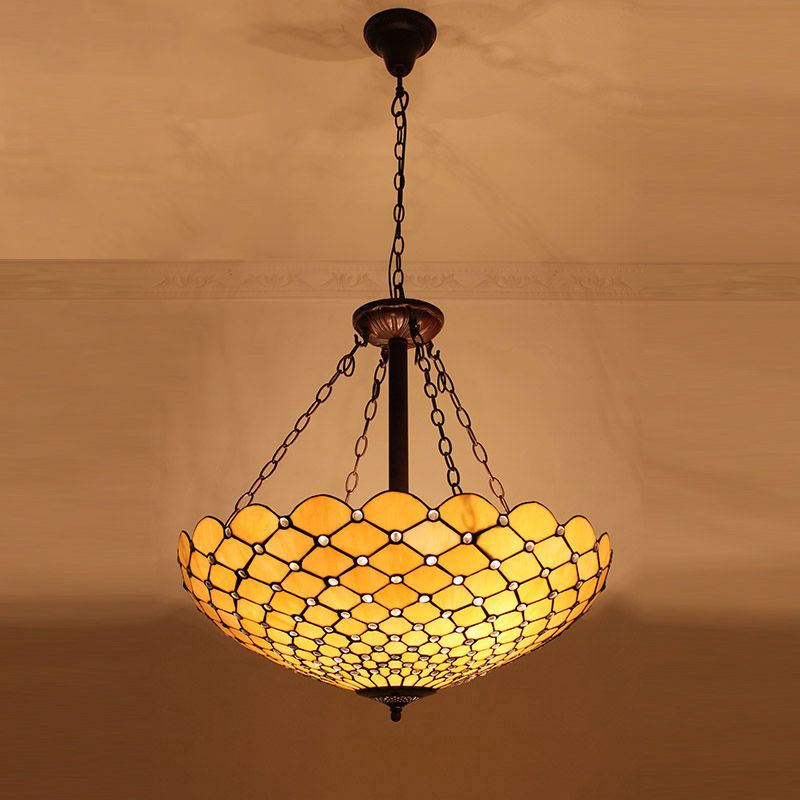 Bowl Shade Suspension Lighting Stained Art Glass Tiffany-Style Pendant Ceiling Light