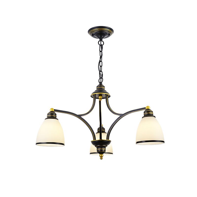 American Style Hanging Chandelier White Glass Shade Chandelier Light Fixture in Black