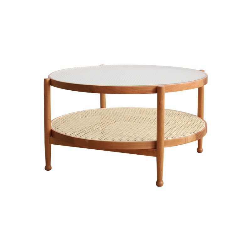 Modern Glass Top Solid Wood 4 Legs Round Double Tier Living Room Side Table