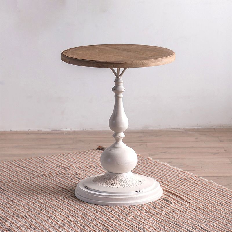 Wood Round Top Side Table Distressed Iron Pedestal End Table