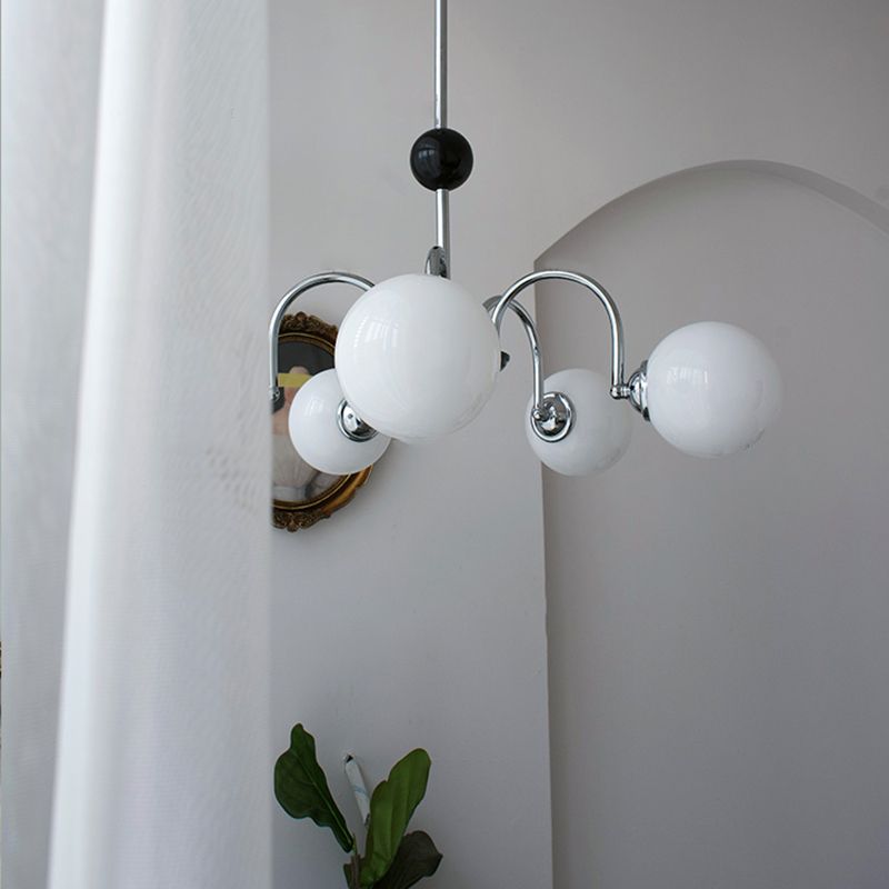 Modern Style Spherical Shape Chandelier Lights White Glass Pendant Lights in Silver