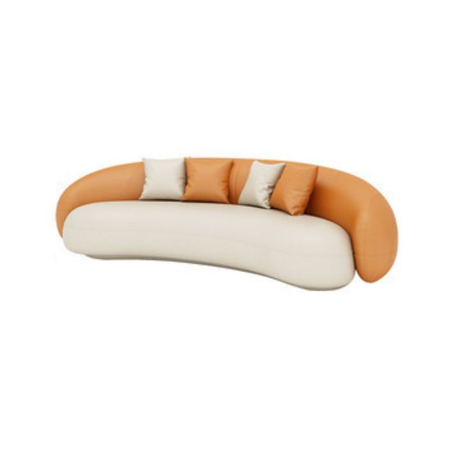 Contemporary Orange and White Curved Sofa in Leather with Sloped Arms