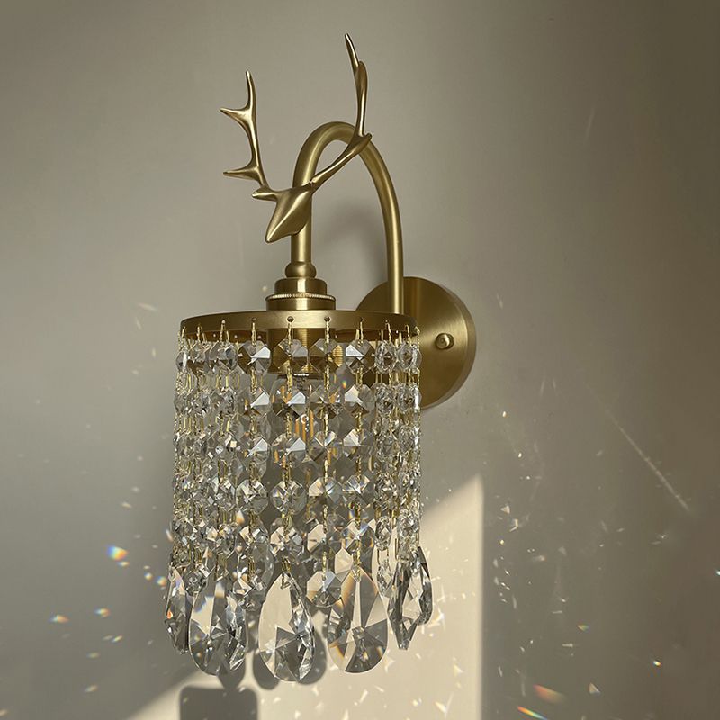 Copper Gold Wall Sconce in Modern Artistic Style Crystal 1-Light Wall Light with Antler Decoration