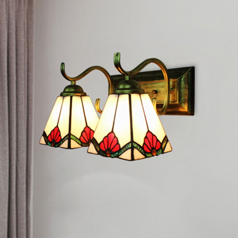 Craftsman Pyramid Wall Sconce Stained Glass 2 Lights Art Deco Wall Lighting with Rectangle Backplate for Bathroom