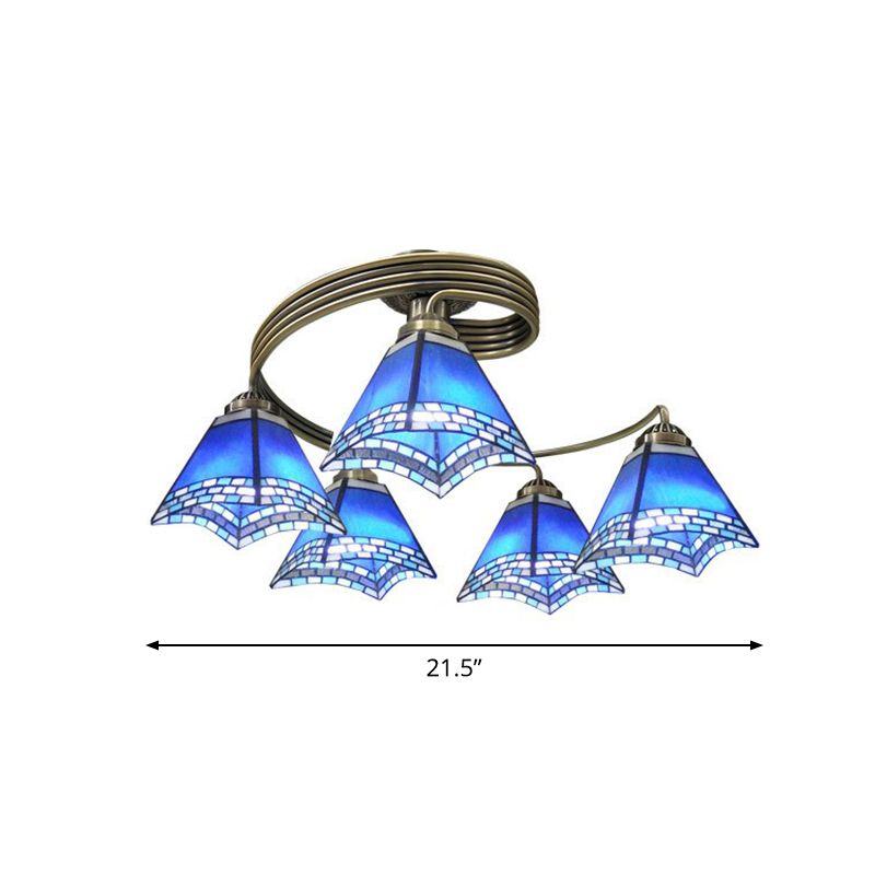 Mediterranean Spiral Ceiling Light Metal Semi Flush Mount Light with Stained Glass Shade