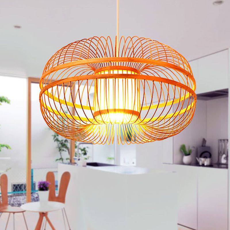 Bamboo Lantern Shade Suspension Lamp Modern Single Light Ceiling Pendant in Wood