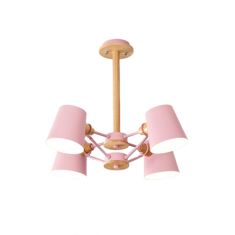 Pink/Yellow Barrel Semi Flush Lighting Macaron 4-Light Metal Flush Mounted Ceiling Lamp with Wood Rod