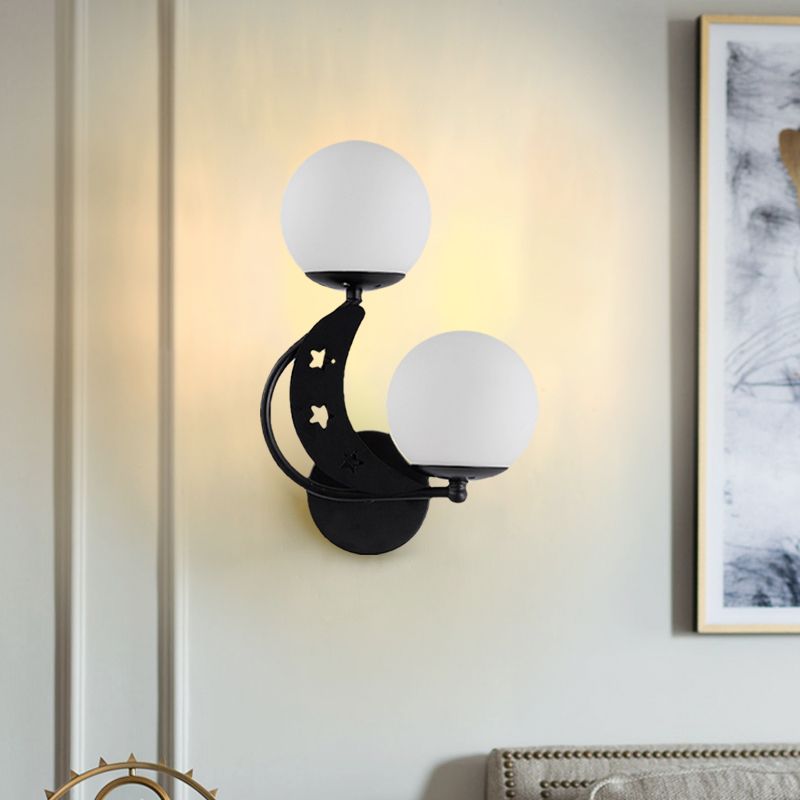 2 Bulbs Bedroom Sconce Light Contemporary Black/Gold Wall Lamp with Left/Right Milky Glass Ball Shade