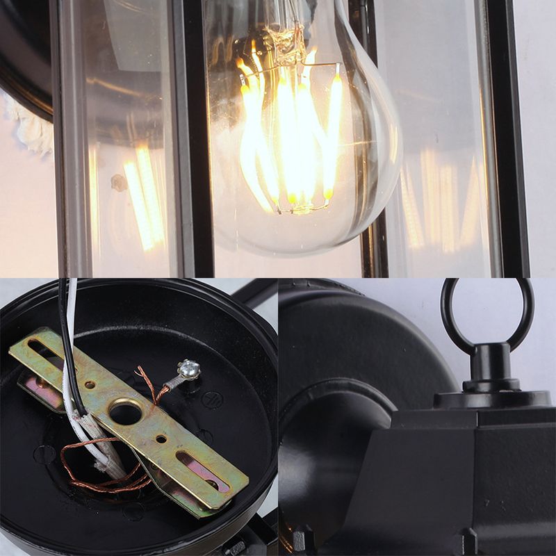 Industrieller Quadratschattenleuchte 1 Glühbirne Klares Glaswandmontage in Schwarz für Outdoor