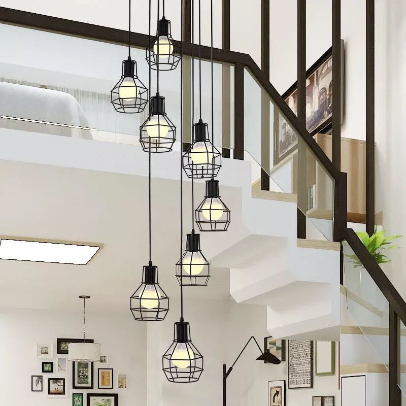 8-Light Pendant Lighting Industrial Cage Metal Suspension Light in Black for Staircase