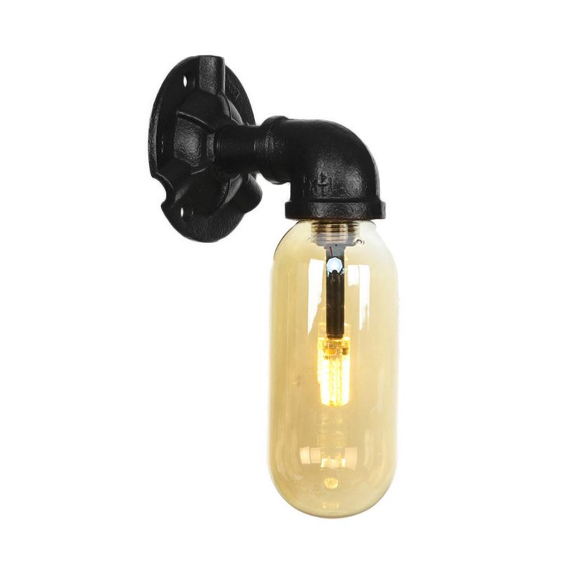 Capsule Amber Glass Sconce Lighting Industrial 1 Bulb Indoor Wall Mounted Lamp in Black with Pipe Design