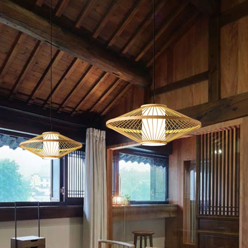 19,5 "/23,5" Dia-Saucer Suspended Lampe Moderne Stil Bambus 1-Bulb Schwarz/Beige Hängende Leuchte für Wohnzimmer