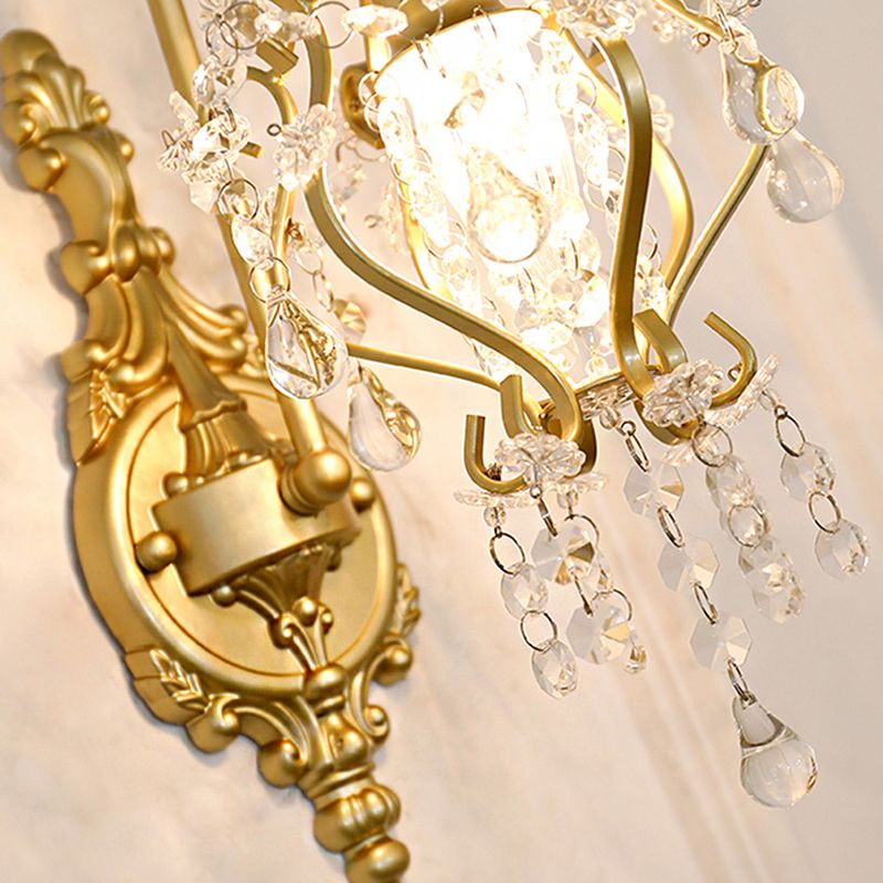 Modern Lantern Wall Mount Light Metal 1 Light Corridor Sconce Light in Gold with Crystal Drop