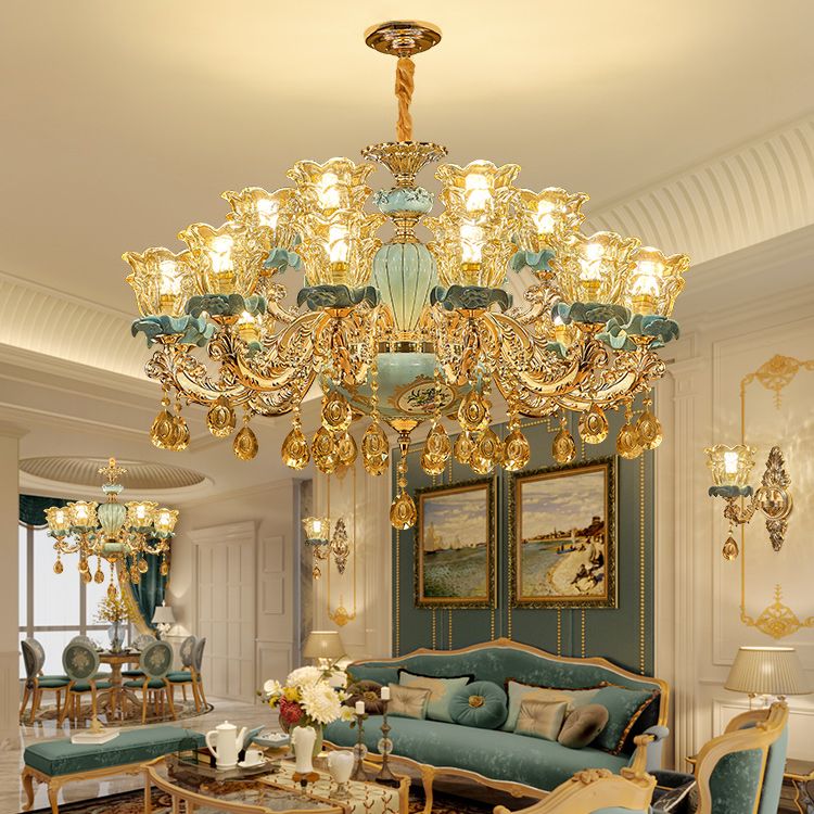 European Style Chandelier Metal Flower Shape Hanging Light with Crystal for Bedroom