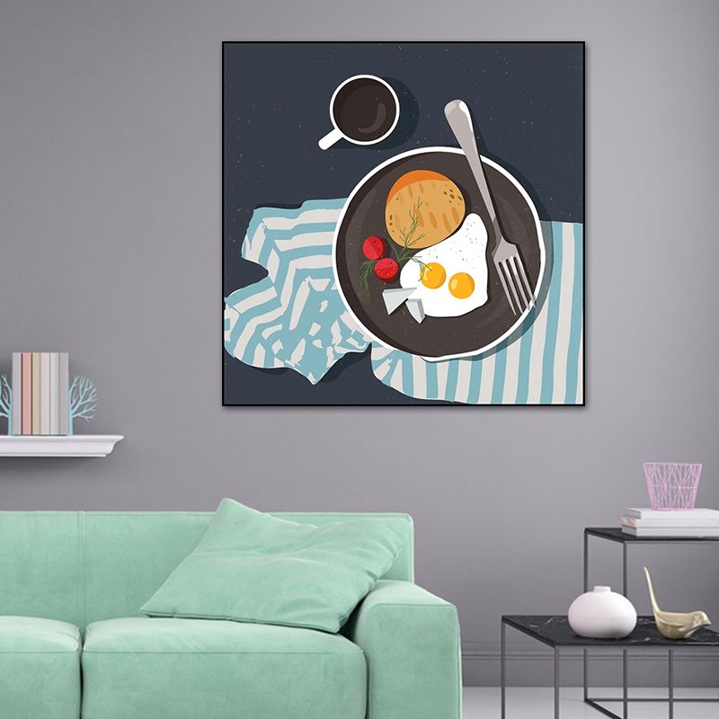 Cartoon Food Breakfast Wall Art Dark Color Textured Canvas Print for Dining Room