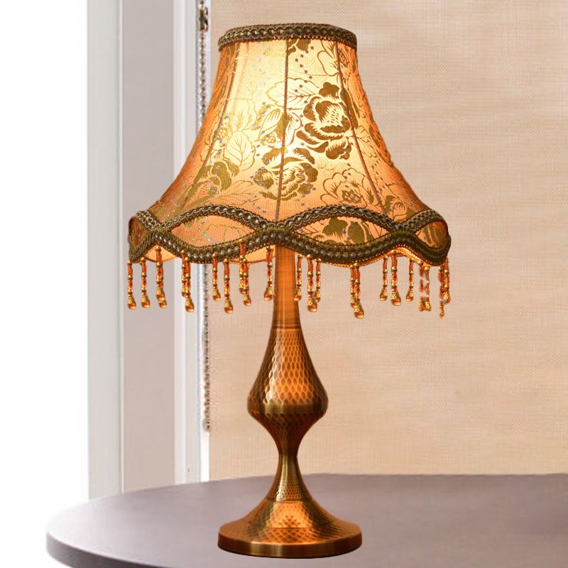 Brass 1 Head Night Stand Lamp Vintage Floral Print Fabric Flared Table Light with Scalloped Trim and Fringe