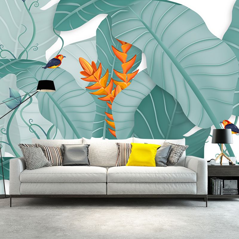 Tropics Plant Banana Leaves Mural Green Stain Resistant Wall Art for Living Room