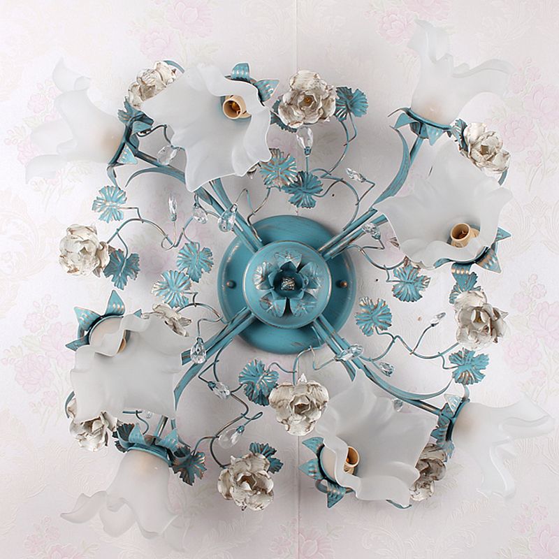 Blue 6/8 Bulbs Semi Flush Ceiling Light Pastoral Style Flower Frost White Glass Ceiling Lamp for Bedroom