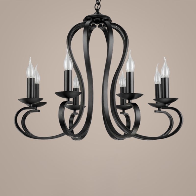 Iluminación colgante de brazo remolino negro de metal de estilo clásico 3/5/6 Lights Lights Living Chandelier