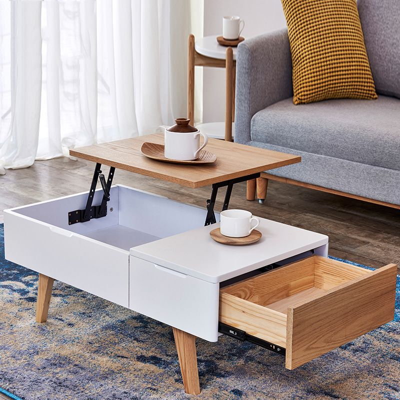 Retangular Natural Wood 4 Legs Coffee Table 1 Single Modern Cocktail Table with Drawers