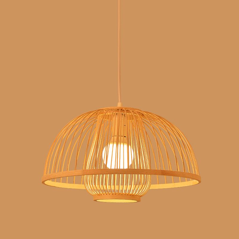 Asia Lantern Pendant Lighting Bamboo 1 Bulb Restaurant Hanging Light in Wood