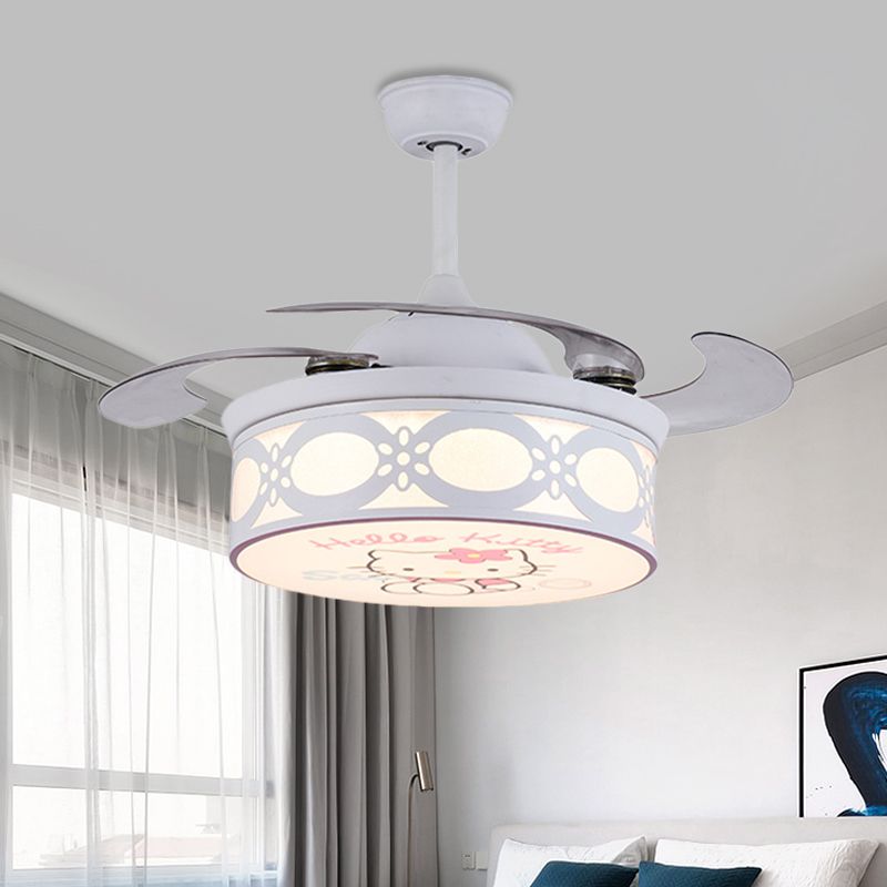 4 lames tambour semi-flush lampe d'enfants en métal chambre 36 "W LED suspendu ventilateur de pendentif léger en blanc / rose avec motif de chat de dessin animé, télécommande / mur et télécommande