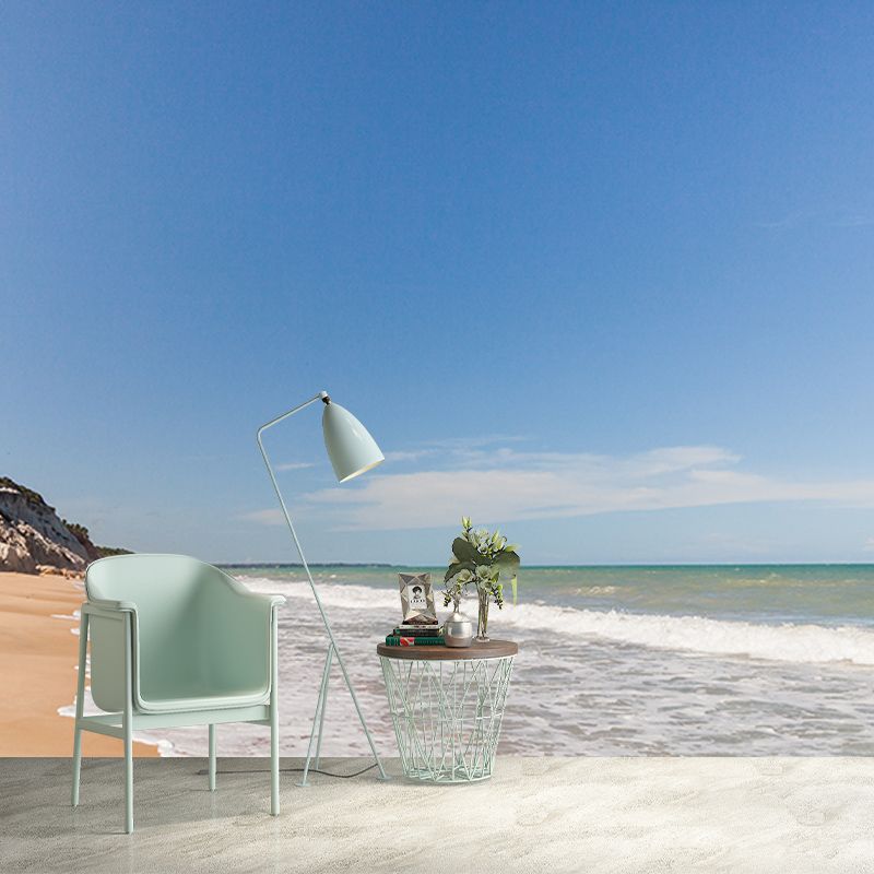 Blue Beach Landscape Wall Mural Mildew Resistant Wallpaper for Dining Room