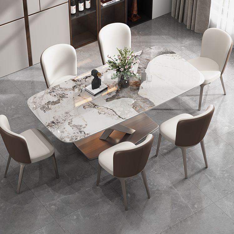 Contemporary Style Sintered Stone Dining Table with White Fixed Table and Trestle Base for Home Use