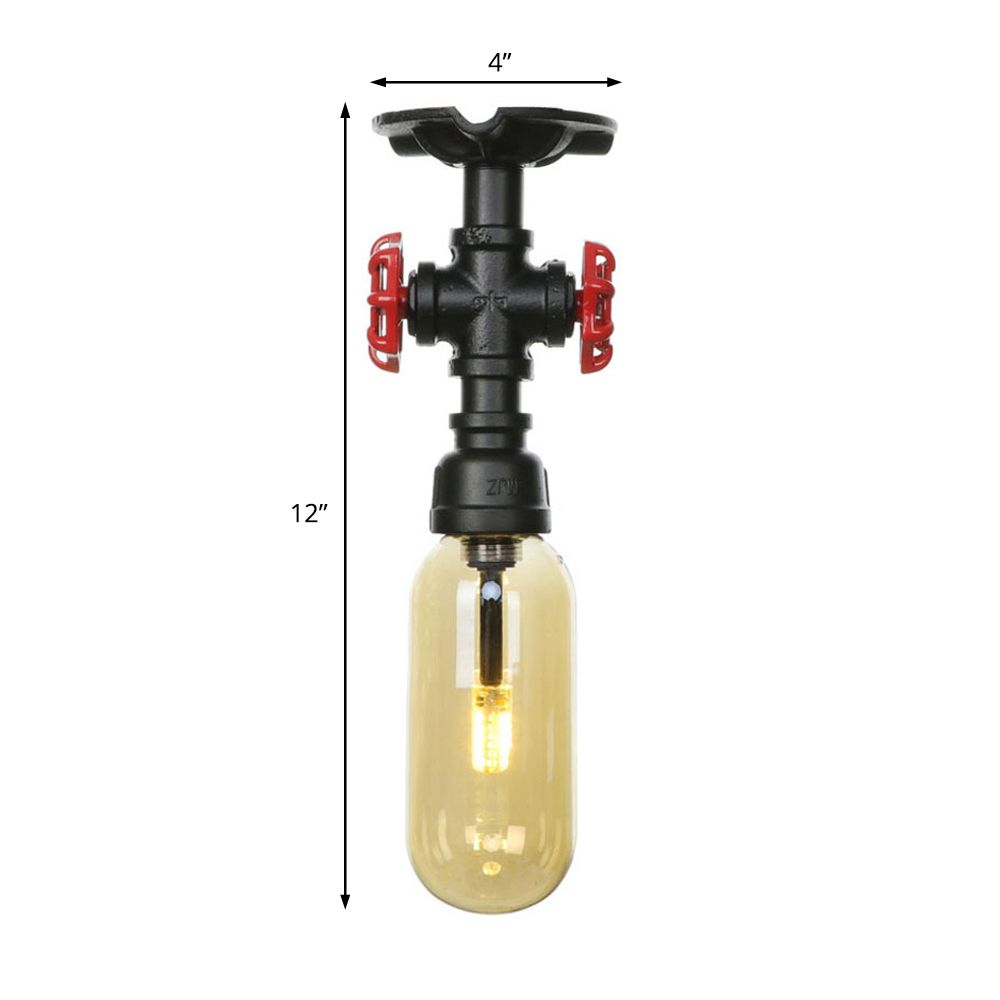 1 Light Capsuled Shade Semi Flush Light Industrial Black Amber Glass Ceiling Mount with Pipe Design