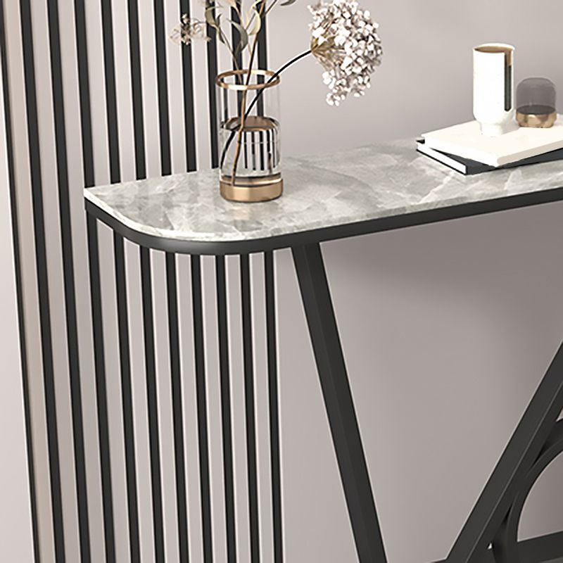 Iron Pedestal Base Accent Table with Half Moon Stone Top for Hall