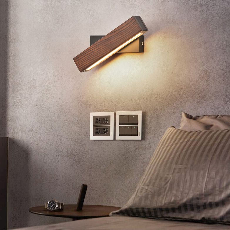 Log Color LED Wall Sconce in Modern Concise Style Wrought Iron Rectangular Rotatable Wall Lamp with Wooden Shade