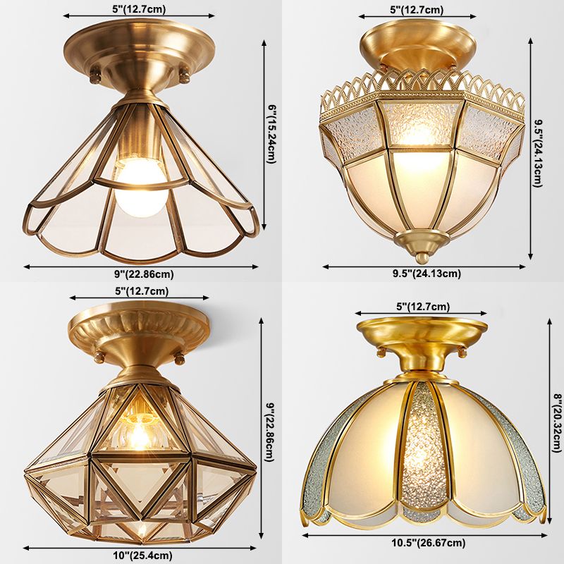 Brass Ceiling Mounted Fixture Vintage-Style Glass Shaded Semi Flush Ceiling Light