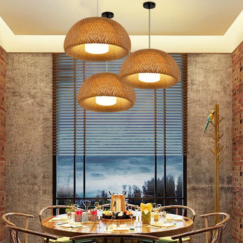 Double-Decker Bamboo Pendant Lights Milk White Glass Shade 1 Light Suspended Light for Restaurant Aisle