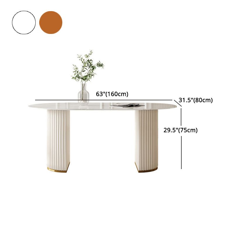 White Oval Stone Dining Table Double Pedestal Furniture for Kitchen