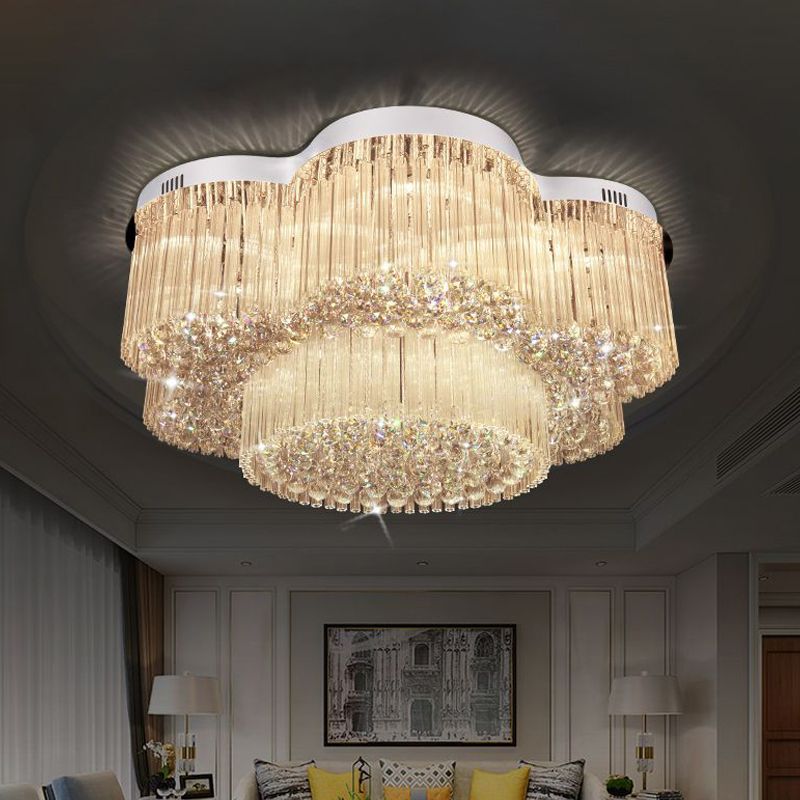 15-Bulb Flower Ceiling Lighting Contemporary Stainless Steel Crystal Flush Mounted Lamp for Living Room