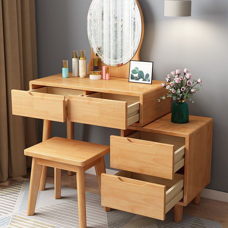 Scandinavian Rubberwood Vanity Table with Stool and 4 Drawers