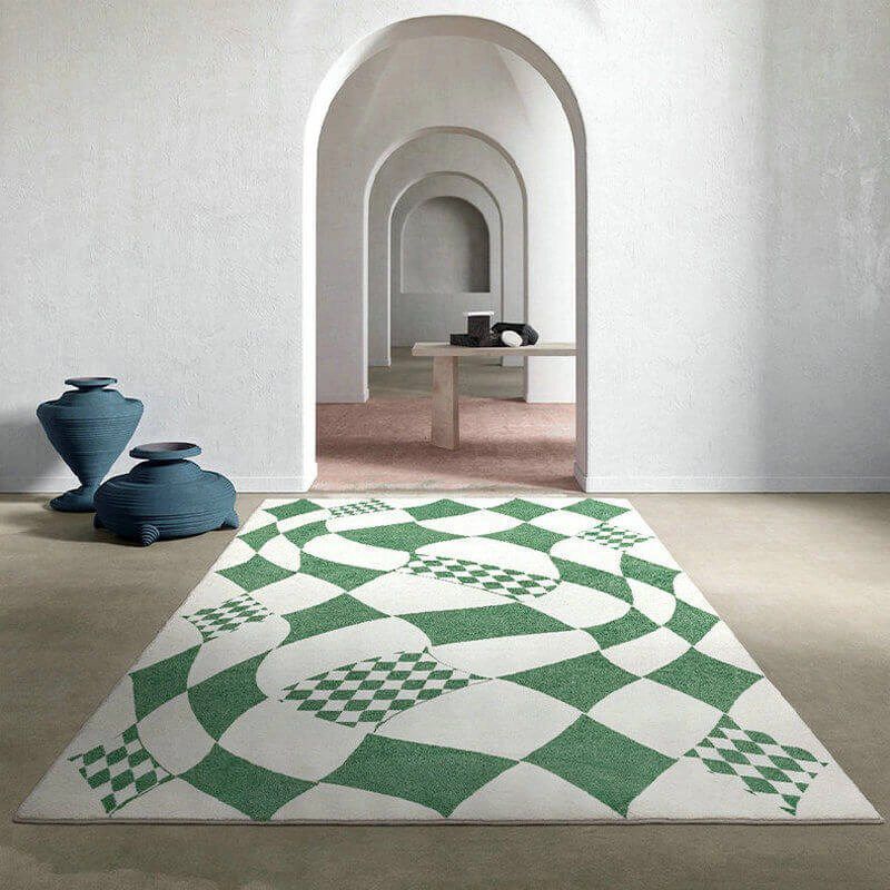 Green Modern Carpet Polyester Check Pattern Carpet Washable Carpet for Living Room