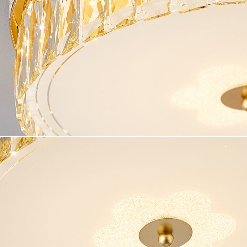 Gold Cylindrical LED Ceiling Light in Modern Luxury Style Crystal Indoor Flush Mount with Glass Shade