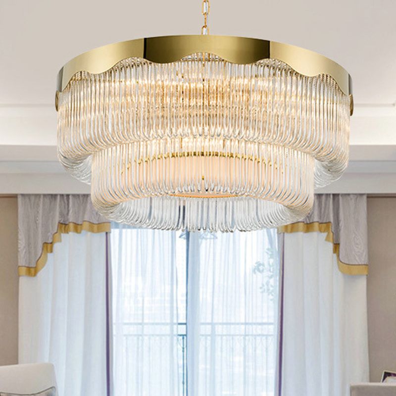 Geriffelte Kristall 2 Schichten hängende hängende leichte postmoderne 8 köpfe Wohnzimmer Kronleuchter Beleuchtung in Gold