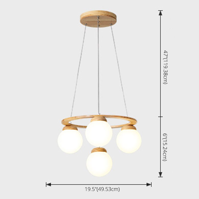 Wooden Circle Chandelier Nordic Style Hanging Light with Ball White Glass Shade