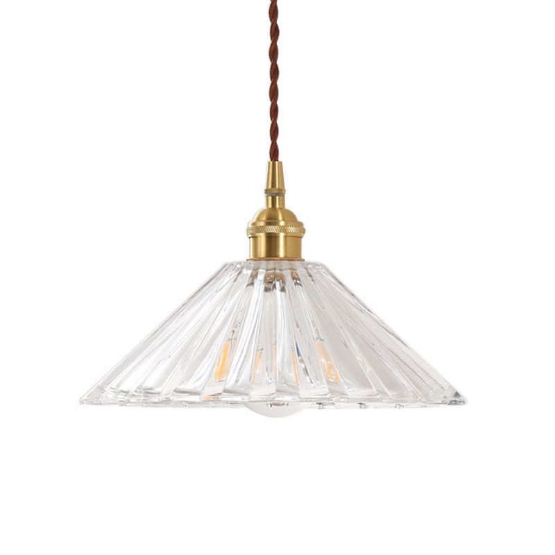 1-Light Ceiling Hang Lamp Antique Dining Room Pendant Light with Conic Clear Ribbed Glass Shade