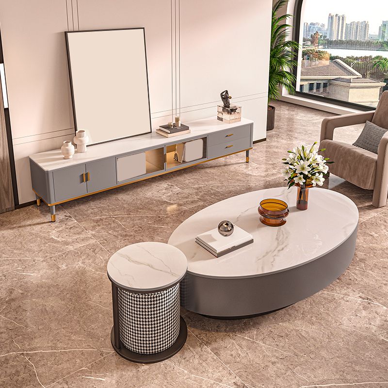 Glam Slate Coffee Table Oval Pedestal Coffee Table with Drawer