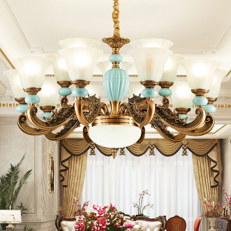 Kit de luz colgante de metal de brazo desplazado iluminación de lámpara azul claro azul con sombra de vidrio esbelto acampanado