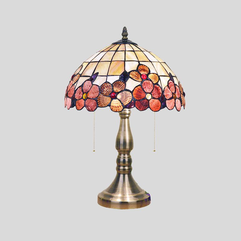 Luz de la cadena de extracción de la oficina de 2 luces Tiffany Lámpara de noche cepillada de latón con sombra de concha de rejilla