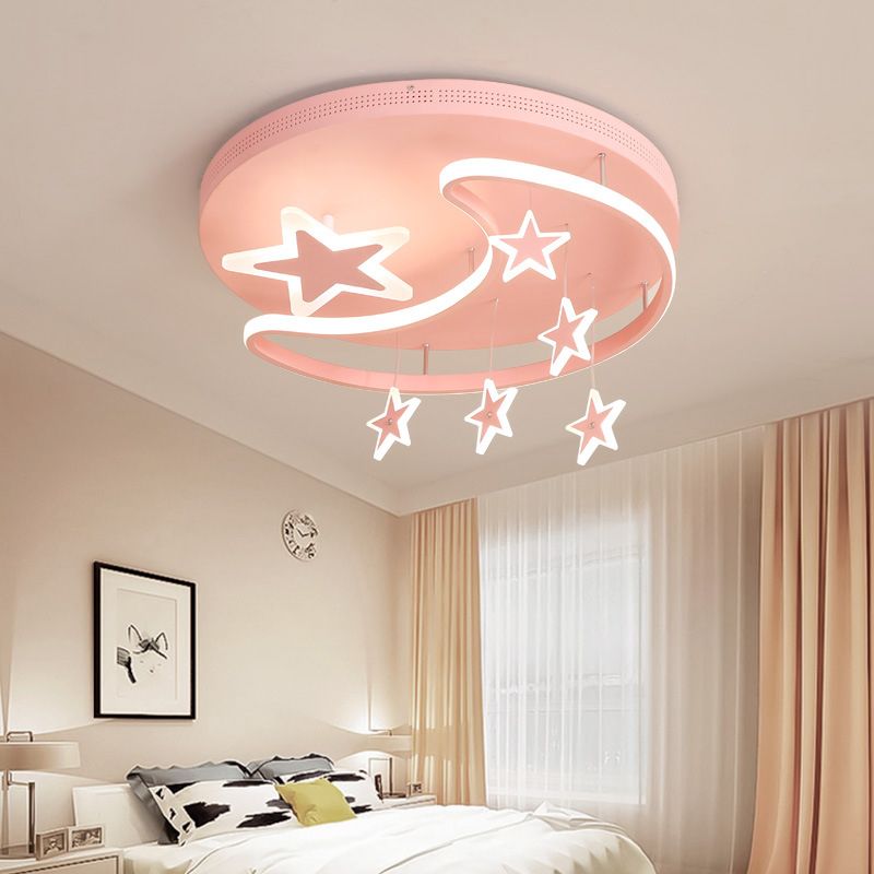Cartoon-Rosa-Unterputzleuchte mit Stern und Mond, Metall-Acryl-LED-Deckenleuchte für Kinderzimmer