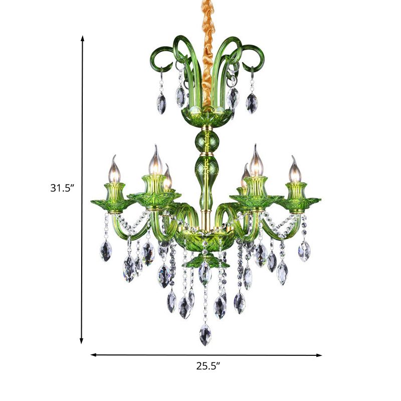 Candle Green Glass Chandelier Lamp Traditional 6 Heads Dining Room Hanging Ceiling Light with Crystal Drip Decoration