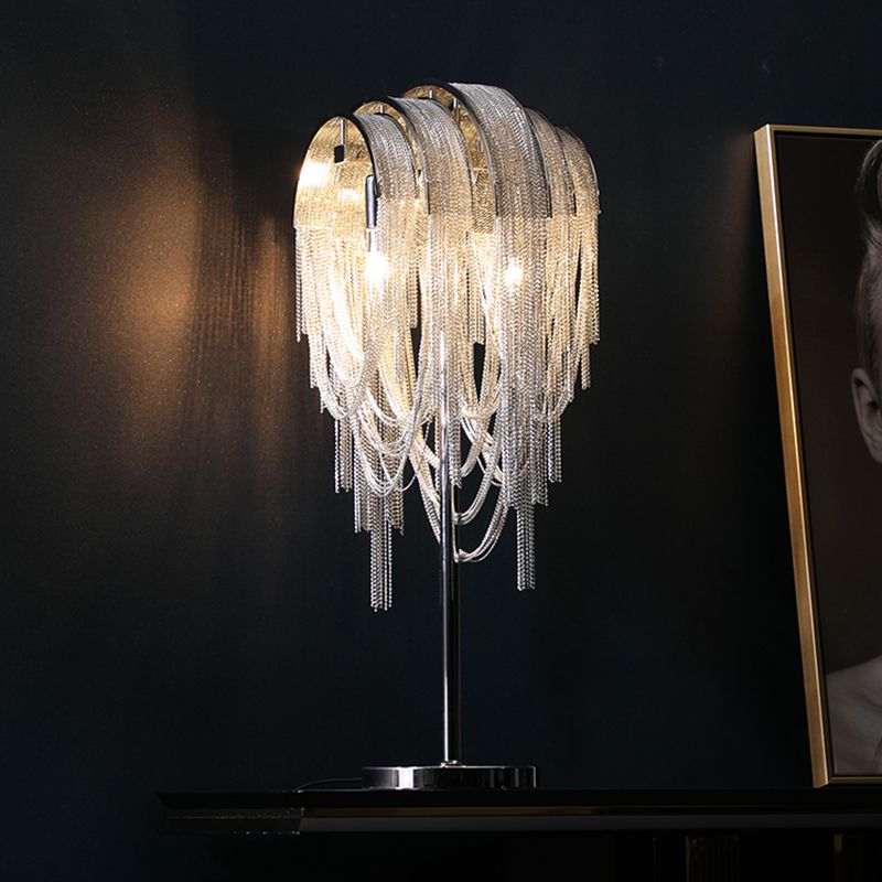 Hand-Woven Aluminum Chain Tassel Table Light Designer 2-Light Silver Accent Lamp for Living Room