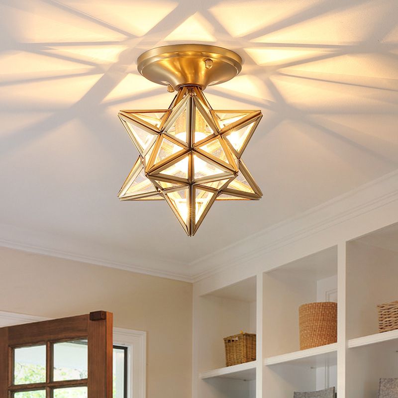 Geometrische Deckenlampe im Kolonialstil, 1 Glühbirne, halbbündiges Licht aus transparentem Glas in Messing