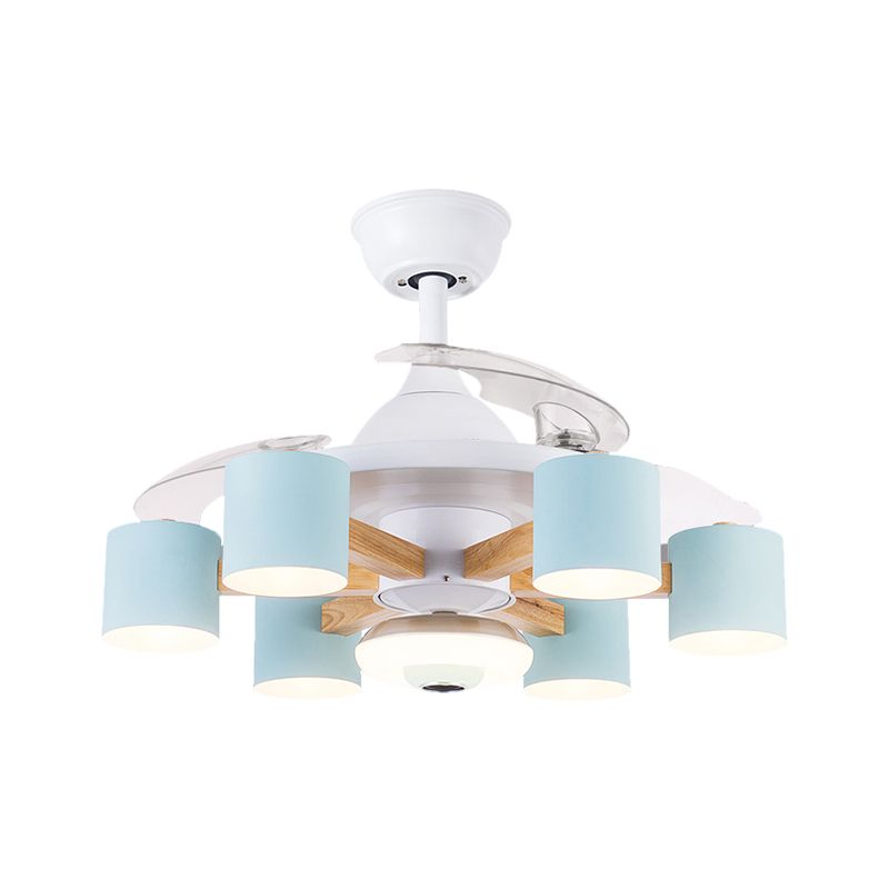 Nordischer Zylinder halb Flush Acryl 42 "W 6-Kopf-Wohnzimmer Anhänger Lüfter Licht mit 3 klaren Klingen in Blau/Weiß